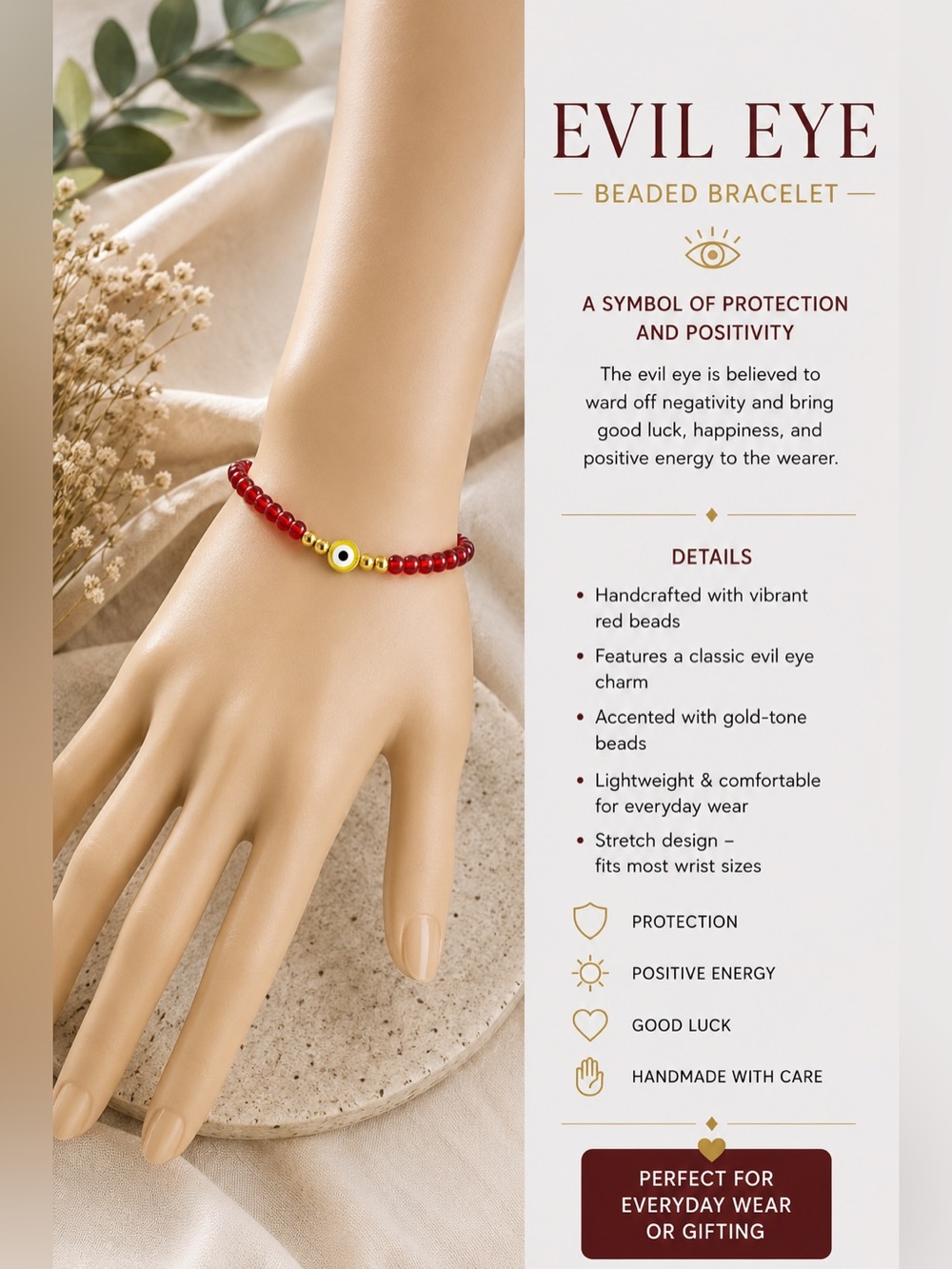 Evil Eye Beaded Bracelet - Red with Gold Accent #11